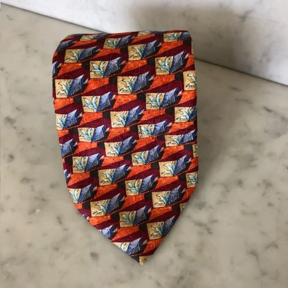 ERMENEGILDO ZEGNA Silk Leaf Geo Block Orange Blue Red Tie - Picture 5 of 15